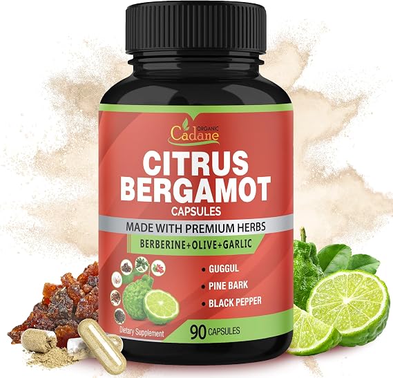 Organic Cadane Citrus Bergamot Supplement Extract Capsules, 90 Capsules & Berberine, Olive, Guggul, Garlic, Pine Bark, Black Pepper | Supports Overall Health, Immune System | 3 Months Supply