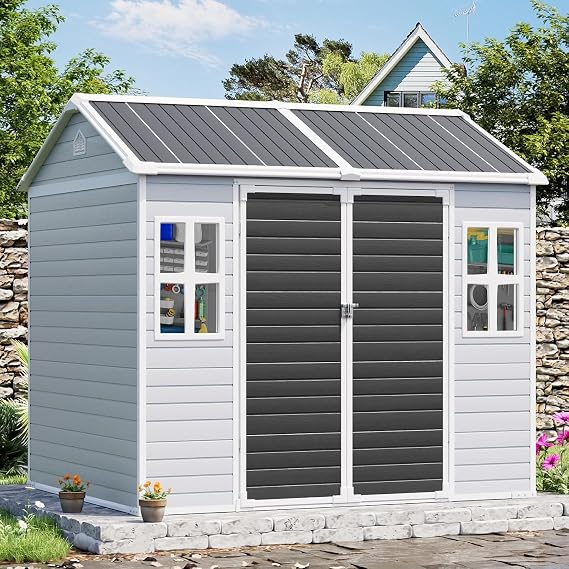 CDCASA 8x6 FT Resin Storage Sheds with Floor Included | Waterproof Large Outdoor Sheds & 2 Windows,Outside Plastic Tool Shed for Backyard Garden Patio Lawn Poolside, Dove Grey