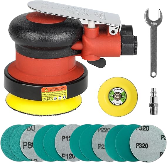 3 inch Mini Palm Air Sander, MAX 12000 RPM 3/32" Orbit Random Orbital Pneumatic Polisher, for Auto Body Woodworking Metal, with 12 Sandpapers & Extra Backing Pad