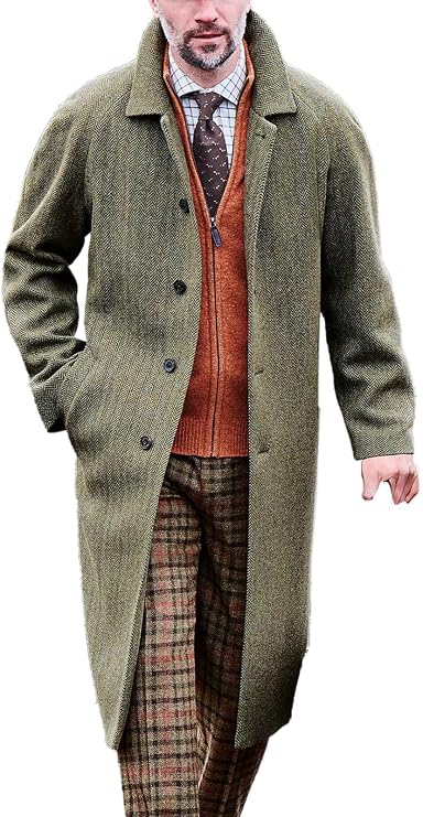 Mens Tweed Herringbone Wool Coat Trench Coat Casual Long Overcoat Classic Winter Overcoat Notched Lapel