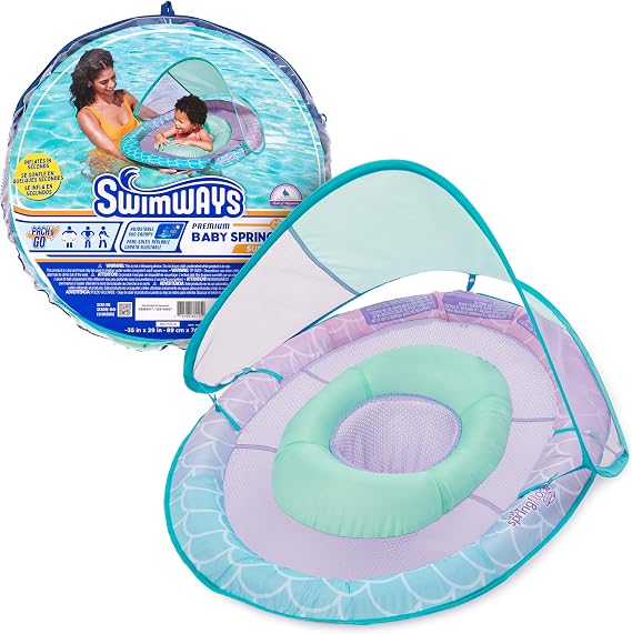 SwimWays Baby Spring Float, Baby Pool Float with Canopy, Swim Training PFD, Swimming Pool Accessories for Babies and Toddlers 9-24 Months, Mermaid