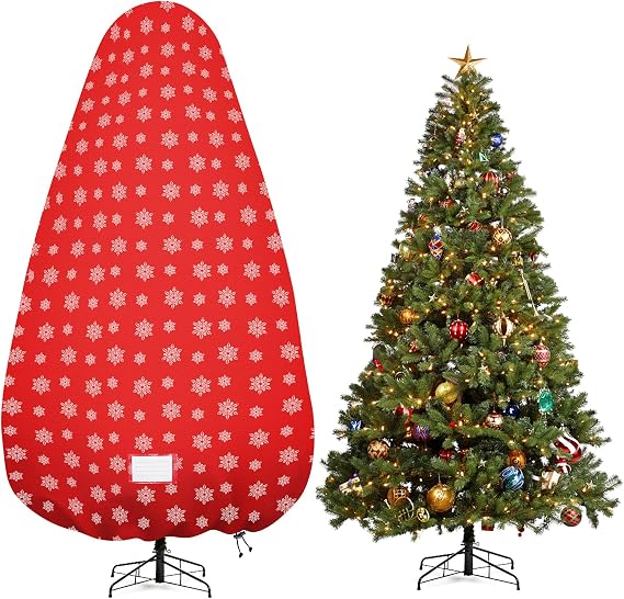 Christmas Tree Cover,Durable Upright Xmas Tree Storage Bag with Zipper & Drawstring for up to 6 Foot Artificial Tree Standing with Ornaments,Dustproof - Snow Printing Red