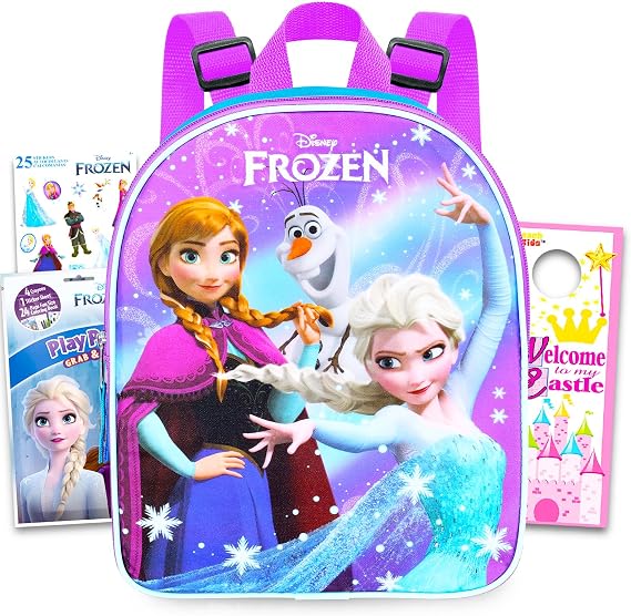 Disney Frozen Mini Backpack for Girls Kids Bundle - 11" w Adjustable Straps | Elsa Small Backpack for Travel Preschool with Mini Coloring Book, Stickers, More ~ Fits Girls, Boys, Toddlers