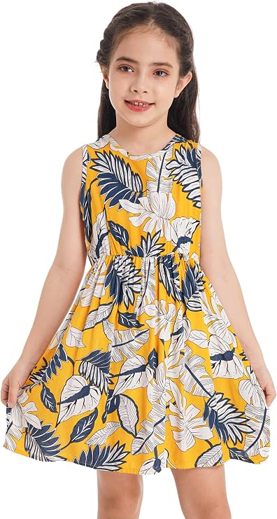 JanJean Kids Girls Sleeveless Flowers Sundress Floral Retro Bohemian Summer Dress Sleeveless Slim Waist Casual Dress