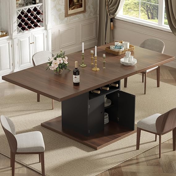 Extendable Dining Room Table for 4-6, 47-63 Inch Rectangle Kitchen Dining Table with Storage, Expandable Modern Rectangular Dinner Table for Kitchen, Dining Room, Black & Walnut