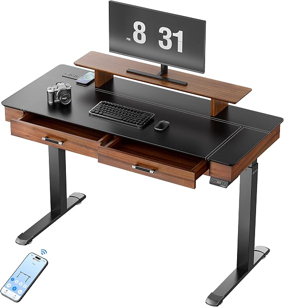 EUREKA ERGONOMIC Adjustable Desk Leather Electric, 55 Inch Height Executive Standing Desk with Drawers, Sit Stand Workstation for Home Office,Monitor Shelf,Wireless Charging Black & Brown