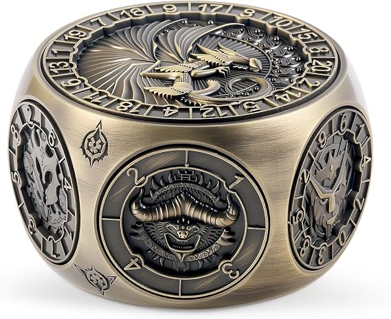 DNDND 8-in-1 Spinner Dice with Dual D20 - Hexagonal Metal D&D Monster Themed Dice Set for TTRPG Dungeons and Dragons, Dungeon Masters with Collectible Gift Tin (Brass)