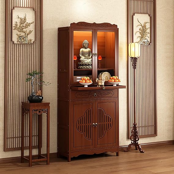 Buddhist Altar Table with Storage Drawers, Chinese Buddhist Prayer Altar Cabinet, Temple for Home, Pooja Mandir (Walnut with Door, 26.7 * 13 * 67in)