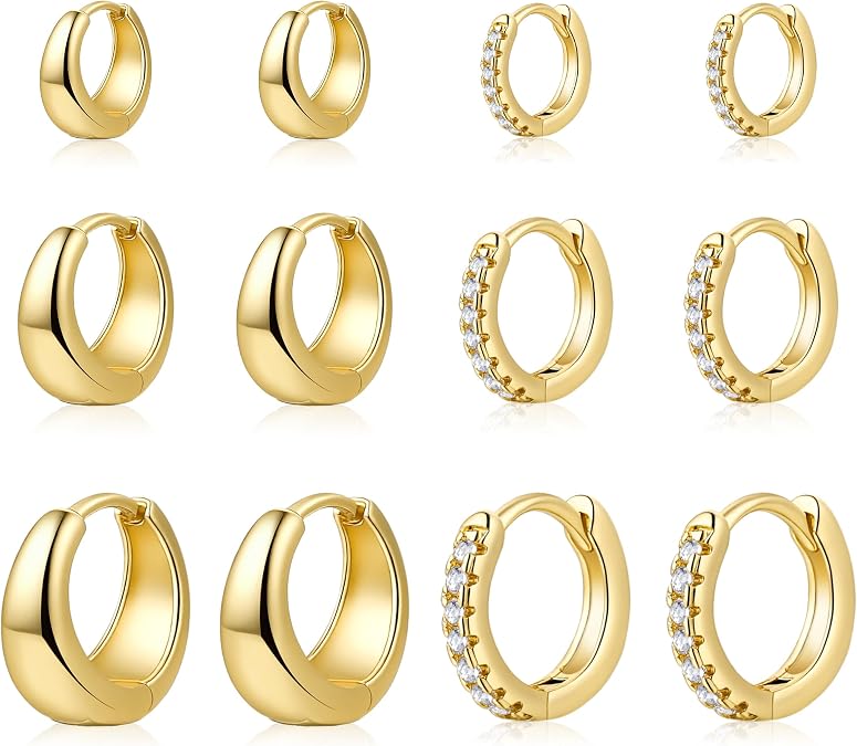 6 Pairs Gold Hoop Earrings Set for Women Hypoallergenic, 14K Gold Plated Lightweight Chunky Small Huggie Hoops Earrings Stacks for Multiple Piercing Jewelry Gifts.