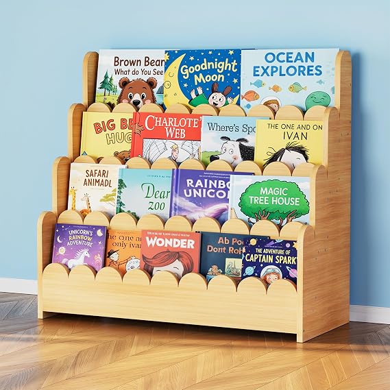 SpaceAid 4-Tier Scalloped Bookshelf, Montessori Bookcase for Toddlers, Wooden Book Shelf Organizer Display Furniture for Kids Rooms, Playroom, Nursery and Classroom, 29.6 Wide, Natural
