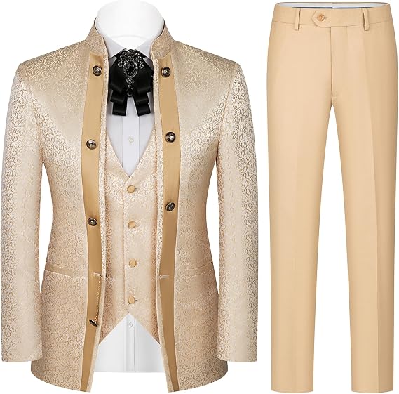 Men's Floral 3-Piece Mandarin Collar Tuxedo Suit Set Blazer Vest Pants