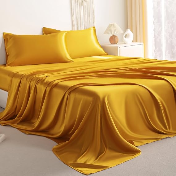 NTBAY King Satin Sheet Set, 4 Piece, Gold