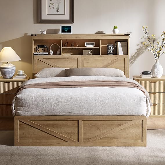 ACCOHOHO Full Bed Frame with 52" Headboard and 4 Drawers,LED Light,Charging Station,Solid Wood Slats Support,No Box Spring Needed,Natural Oak