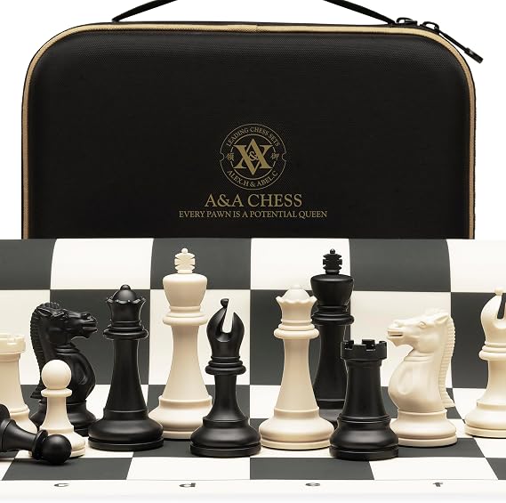 A&A Tournament Chess Game / 51 cm x 51 cm Foldable Silicone Chess Board / 9.5 cm King Height Plastic Quadruple Weighted Classic Staunton Figures / Storage Bag