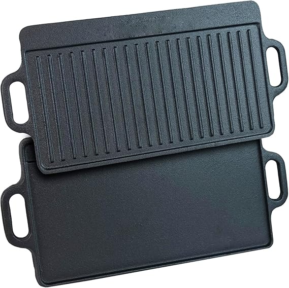 Gr8 Home Cast Iron Reversible Griddle Plate Pre-Seasoned Non-Stick BBQ Pan Oven Hot Plate Ribbed Skillet with Handles