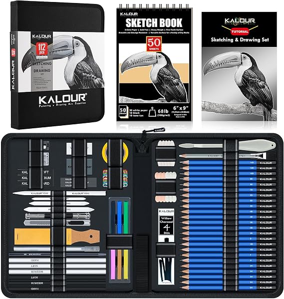 KALOUR PDAS 112 Drawing Set, Drawing Pencils & Sketching Pencils Art Kit with 3-Colour Sketchbook, Graphite & Charcoal Pencils, Art Supplies for Adults, Artists, Teens & Beginners