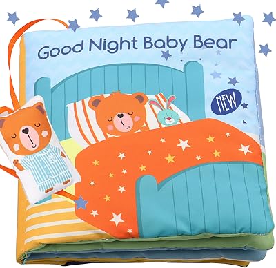 bebe mondo Teddy Bear Tummy Time Toy with Mirror, Soft Baby Book for 0-3-6-12 Months, Infant Sensory Developmental Toy, Shower Easter Gift,Activity Quiet Cloth Book for Newborns,1 Year Old Book-Night