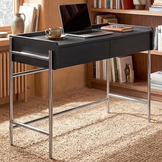 Home Office Computer Desk Modern Simple Minimalist Work Desk with 2 Drawers Metal Frame Dressing Vanity Table for Home Office Bedroom and Living Room