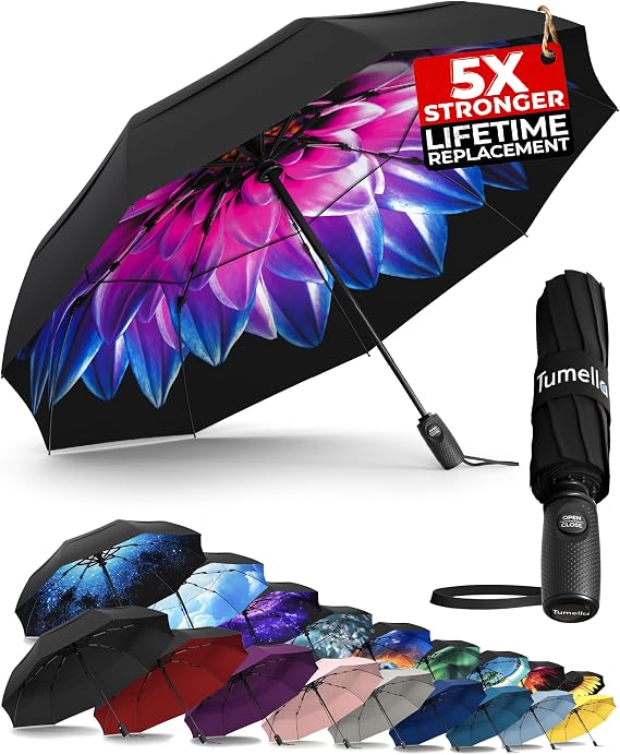 TUMELLA Strongest Windproof Travel Umbrella (Compact, 100MPH Wind-Tested)