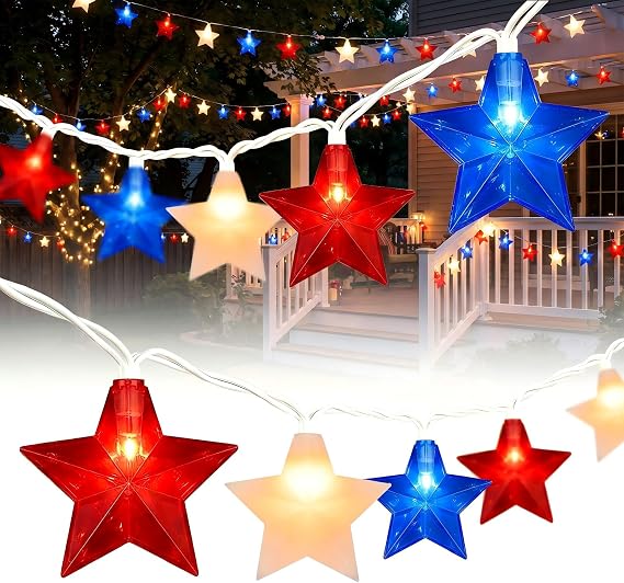 Red White Blue Star Lights Decorations,10 Star Lights Plug in Patriotic String Light Waterproof for Indoor Outdoor Independence Day Party 4th of July Garland Decoration