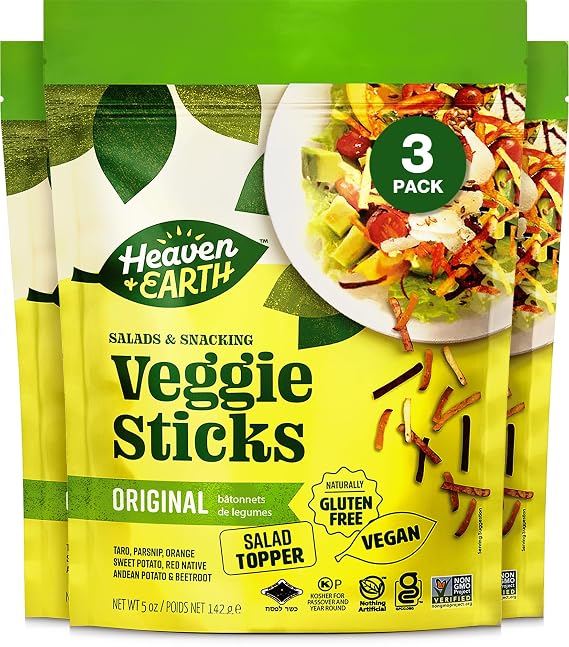 Heaven & Earth, Veggie Sticks, Snack & Salad Topper, 5oz (3 Pack) Resealable Pouch, Gluten Free, Non GMO Verified, Certified Kosher (including