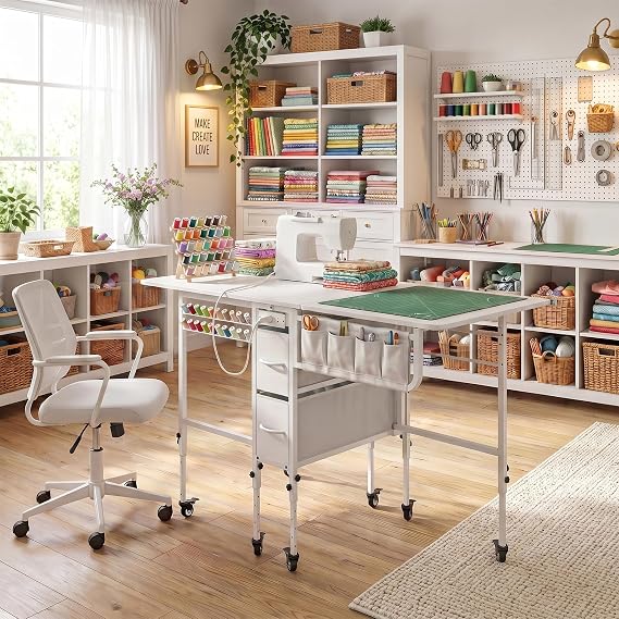 Furnaza 56.7" Foldable Wheeled Sewing Craft Table with Charging Station