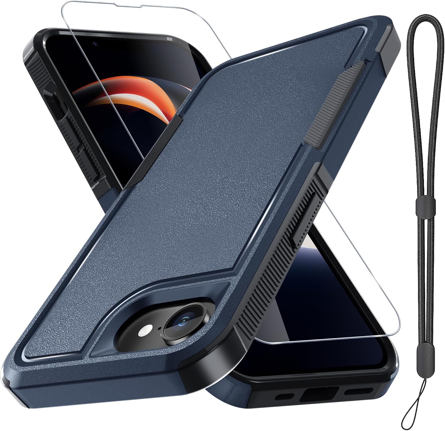RMOCR for iPhone 16E Case with Screen Protector,Military Grade Heavy Duty Shockproof Phone Cover with Wrist Lanyard Strap for iPhone 16E 2025 Released,Navy Blue