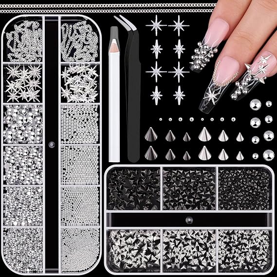 3D Gothic Nail Studs Nail Pearls Beads for Nails Charms Silver Goth Charms