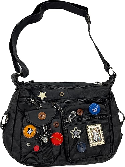 Vintage Y2K Crossbody Bag for Women- Adjustable Strap, Retro Button Design, Multi-Pocket PU Leather Bag