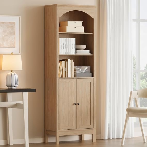 Bookshelf with Doors, 71" Tall Wood Book Shelf with Cabinet, 24" Wide Arched Bookcase with Adjustable Shelf, Floor Standing Display Storage Cabinet for Home Office, Study and Living Room, Natural Oak