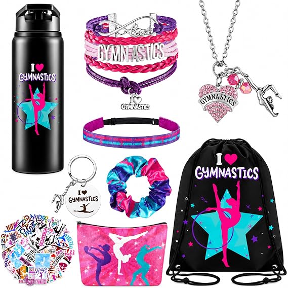 Kigeli 9 Piece Gymnastics Gift Set, Bottle, Drawstring Bag & 50 Stickers