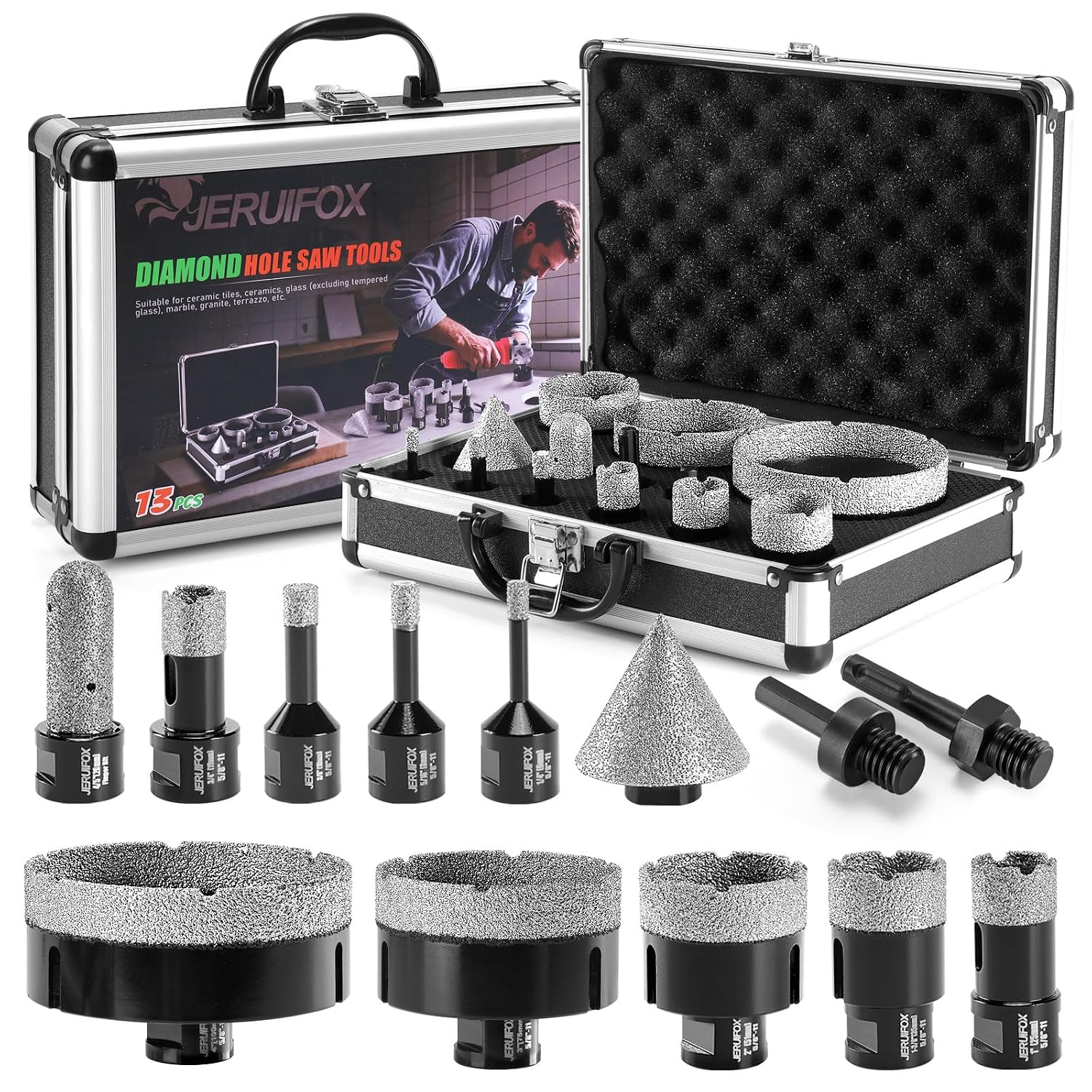 Diamond Hole Saw Kit Tile Drill Bits, 13 PCS Diamond Core Drill Bits Set 68101925355175100mm50mm Chamfer Saw 20mm Finger BitSDS Adapter Porcelain Hollow Drill Hole Saw for Ceramic, Granite