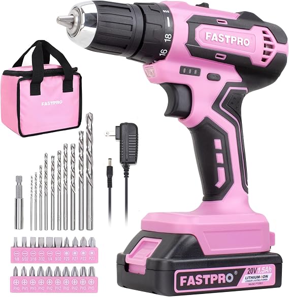 FASTPRO 20V Pink Drill Set, 3/8 in. Cordless Drill Driver Kit with 1.5 Ah Battery, Charger and Tool Bag