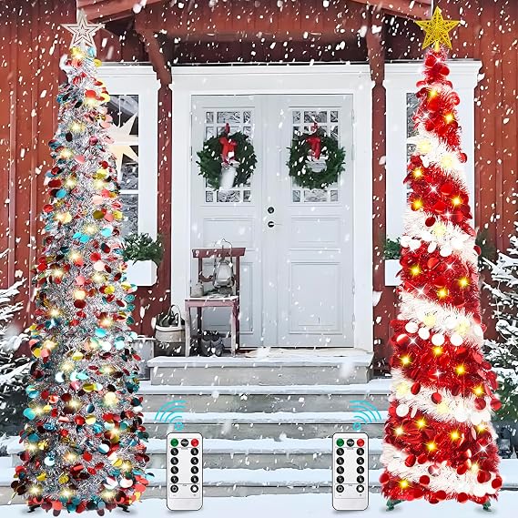 HISFFOG 2 PCS 5FT Pop Up Christmas Tinsel Tree with 8 Rmote Lights Modes (Red & White) & Siver
