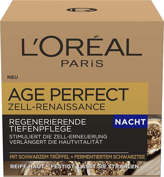 L'Oréal Paris Age Perfect Cell Renaissance Night Cream Anti-Ageing Deep Care Strength and Vitality for Mature Skin with Black Truffle and Fermented Black Tea 50 ml