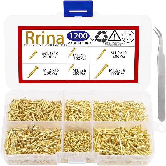 1200Pcs Small Tiny Nails Carbon Steel Brass Plated for Wooden DIY Micro Mini Nails M1.2/1.5 Assortment Kit 6 Sizes