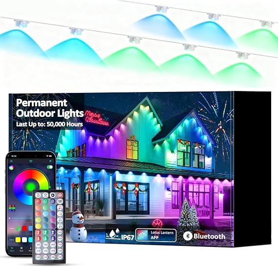 DIERLIGHT 50FT RGB Permanent Outdoor Lights, LED String Lights with APP & Remote Control, IP67 Waterproof Multicolor Eaves Lights for Christmas Halloween Party, Garden, House Decor Rope Lights