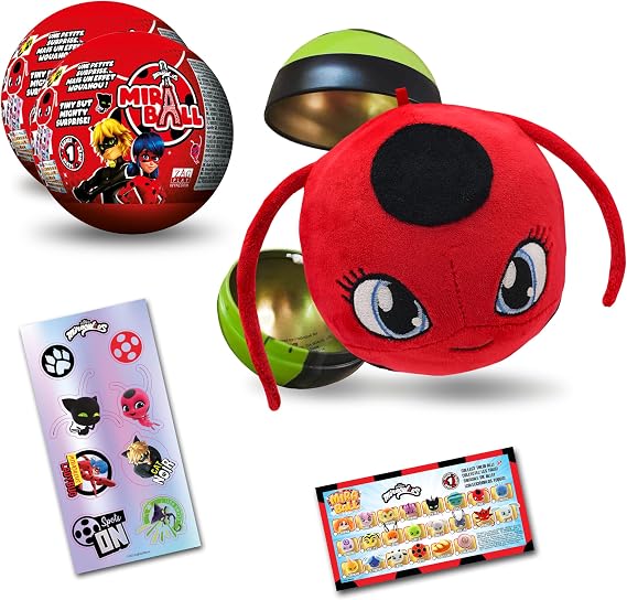 Miraculous Ladybug, 4-1 Capsule Collectible Toy, [PACK OF 2], Surprise Miraball with expanding Plush Kwami, Collectible Character Metal Case, Glittery Stickers & hanging Display Ribbon