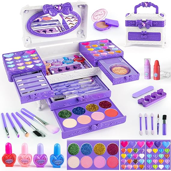 Kids Makeup Sets for Girls, 66pcs Real Cosmetic for Kids Toys with Mirror, Princess Washable Girls Makeup Kit, Non-Toxic & Safe Brithday Gifts for 3 4 5 6 7 8 10 - 12 Years Old(Light Purple)