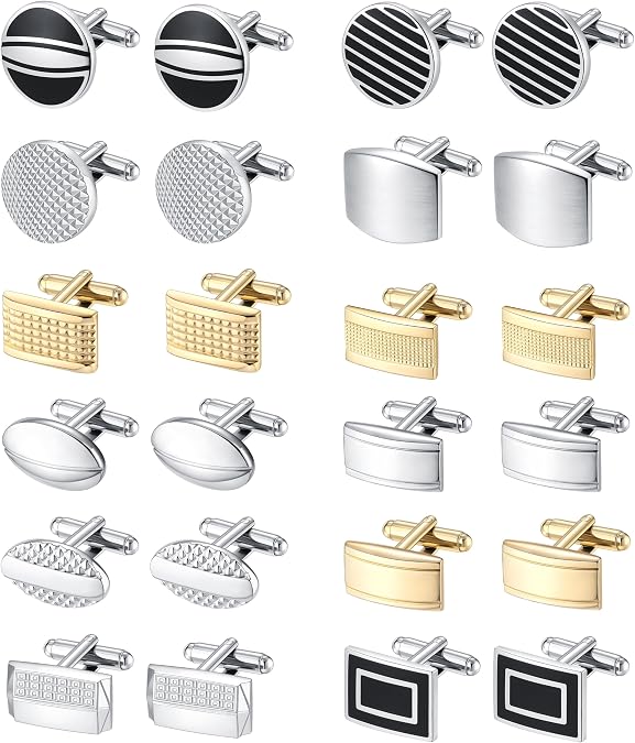 SONNYX 12 Pairs Classic Tone Cufflinks for Men | Silver Black Striped Disc Square Rectangle Cuff Links Shirt Suit Mens Cufflinks for Wedding Groom Business