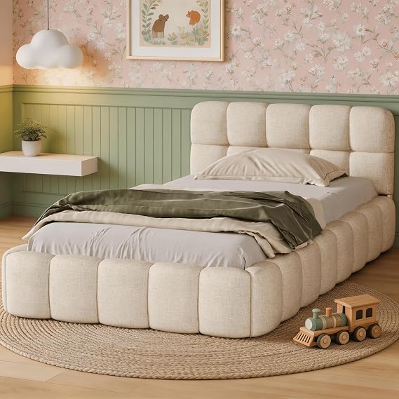 Bubble Upholstered Single Bed Frame 90x 190 cm with Padded Headboard, Low Platform Bed with Wooden Slatted Base, Linen Fabric Tufted Bedstead, Mattress Not Included (Beige, 90 x 190 cm)