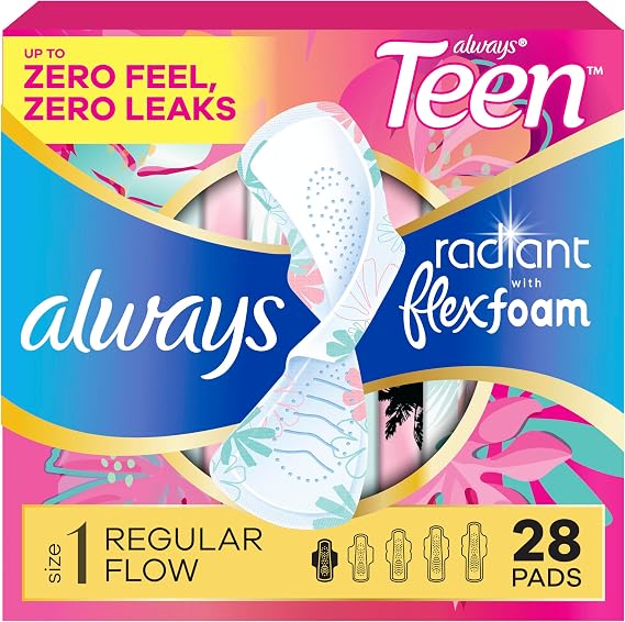 Always Radiant Teen Pads, Size 1, Regular, with Wings, Unscented, 28 Count