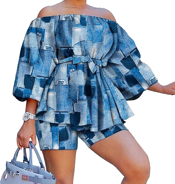 2 Piece African Outfits for Women Boho Floral Print Off Shoulder Romper Top Shorts Set