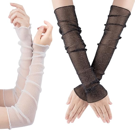 OIIKI 2 Pairs Women Long Ultra-thin Lace Gloves Sun UV Protection, 2 Color