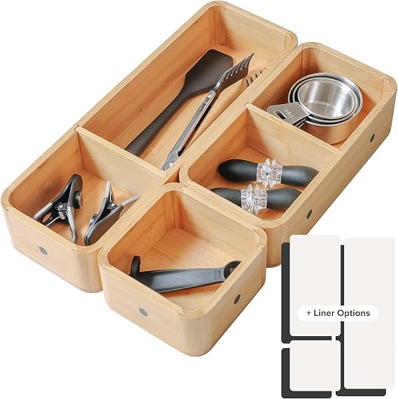 Modular Drawer Organizer Set, 3-Container, Bamboo | 5 compartments, magnetic, removable inserts, stackable, rubber liners, non-slip, 9x13.5x2.4in