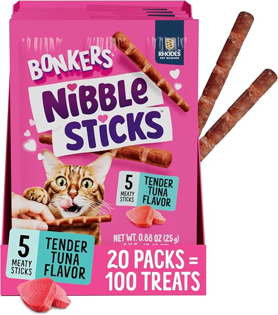 Bonkers Nibble Sticks Tuna Flavour Soft & Meaty Tender Treats for Cats, 5 Sticks (Pack of 20)