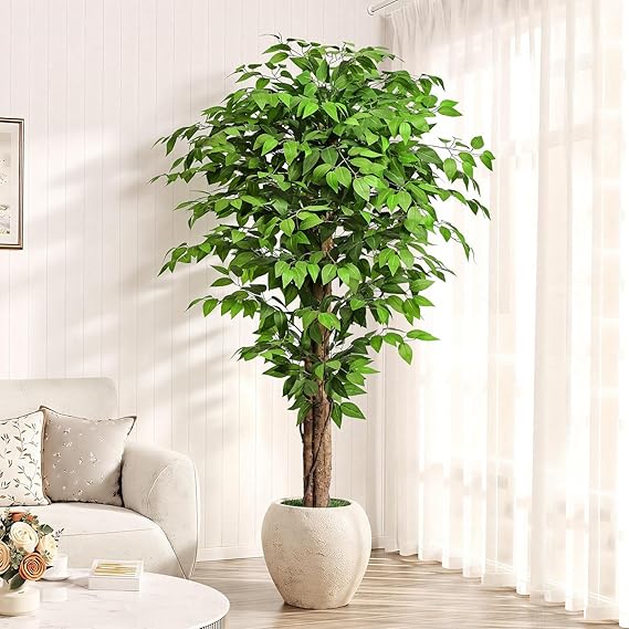 6ft Ficus Artificial Trees with Natural Curved Trunks, 180cm Tall Artificial Plants Tree for Indoor, Fake Ficus Tree Green Lifelike Home Decor