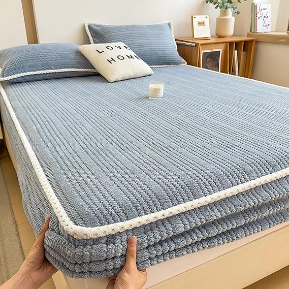 Elastic Bed Sheets Fleece Bedding Fitted Sheet Queen/King Size Non-Slip Washable Mattress Cover Extra Soft Velvet Plush Mattress Protector Bedspread for All Seasons,Blue,35x79in