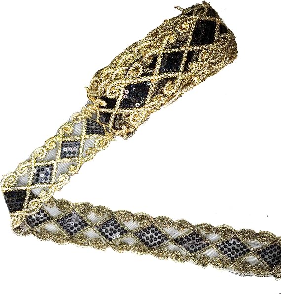 levylisa 10 Yards Beaded Lace Trim Sequins Lace Mesh Trim Lace Ribbon Applique Sewing Craft Supplies (Black Gold)