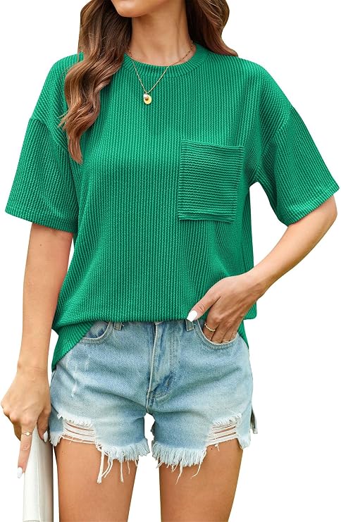 Women's Color Block Pocket T-Shirt - Summer Casual Oversized Crewneck Tee with Wave Texture Polyester Rayon Blend Top
